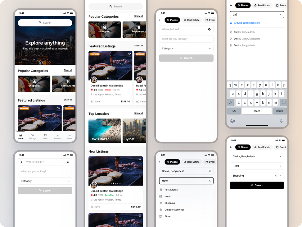 Directorist mobile app discovery and listing screens